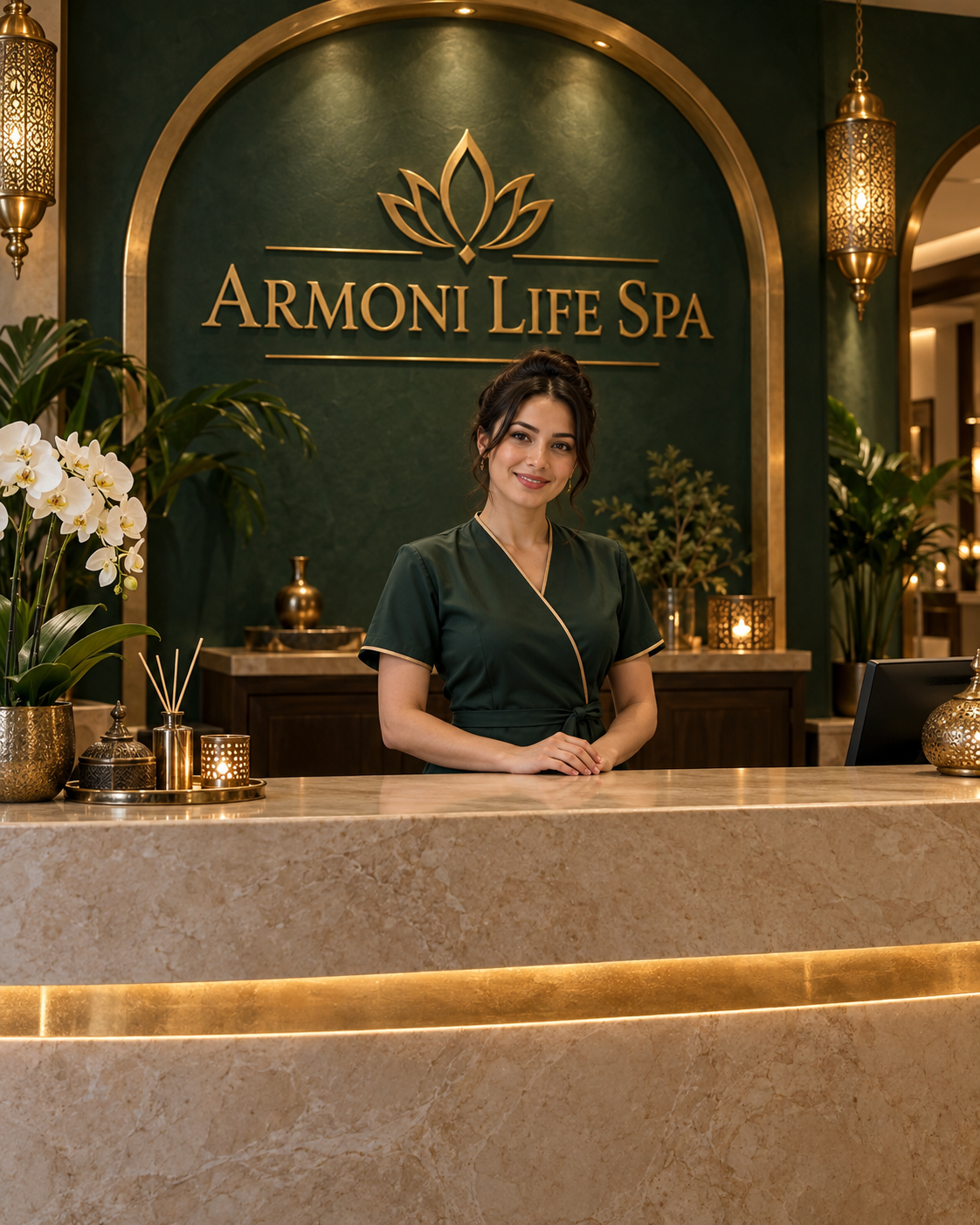 Armoni Life Spa tabelası, resepsiyon bankosu ve kadın masaj uzmanı içeren yapay zekâ ile hazırlanmış karşılama görseli